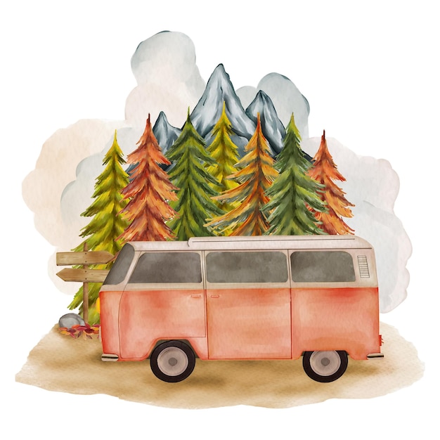 PSD watercolor autumn adventure car