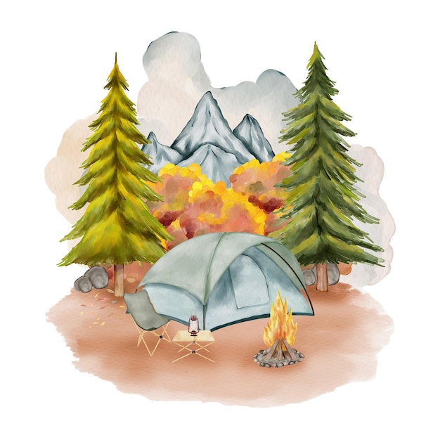 PSD watercolor autumn camping site