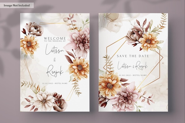 PSD watercolor autumn flower and leaves wedding invitation template