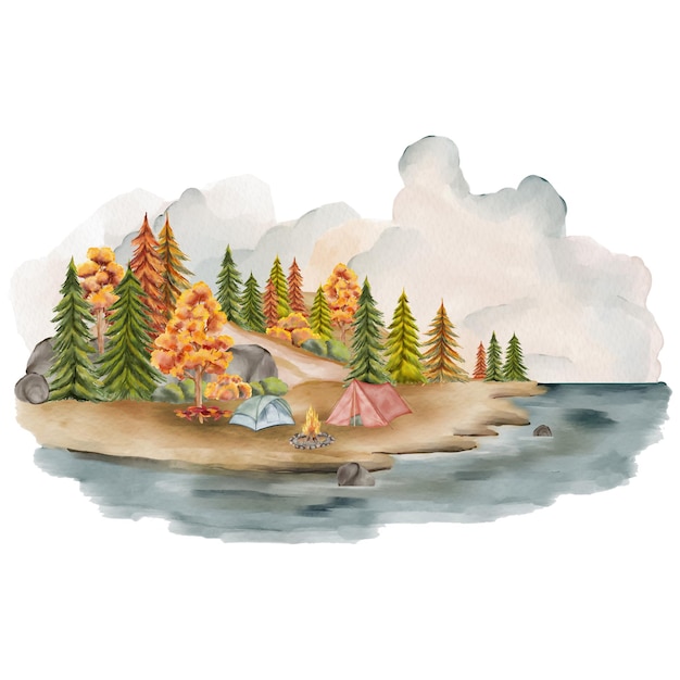 PSD watercolor autumn lake