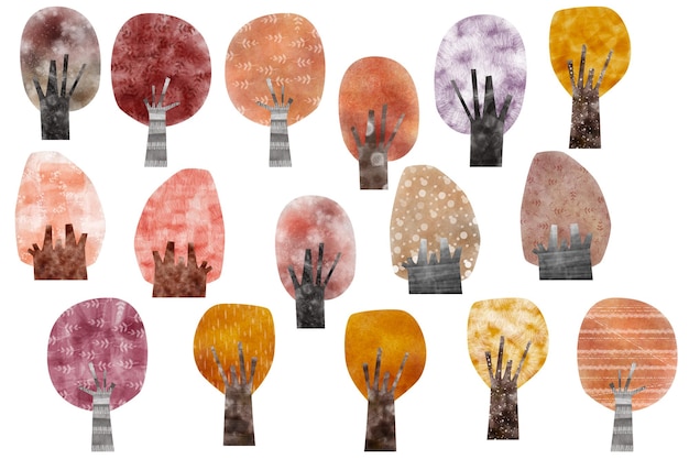 watercolor autumn trees in various shapes and colors