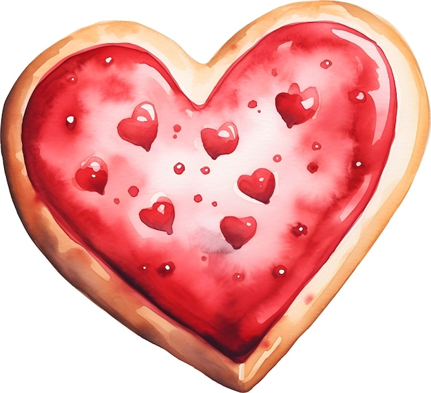 PSD watercolor baked cookie of red icing and heart decoration clipart for valentine sweet pastry dessert