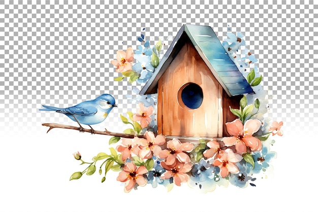 PSD watercolor birdhouse illustration charming avian home art for prints and decor