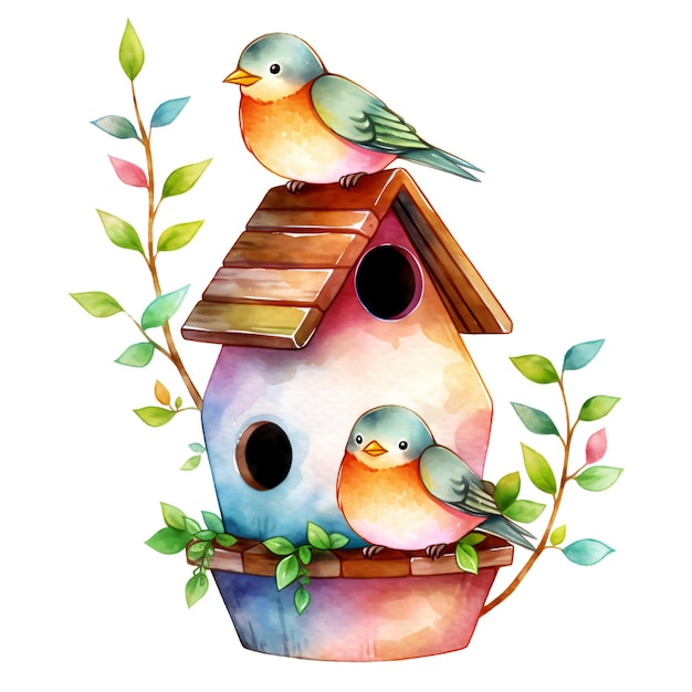 PSD watercolor birdhouse on a pot with two birds