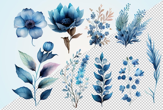 PSD watercolor blue floral arrangement collection isolated clip-art on transparent background