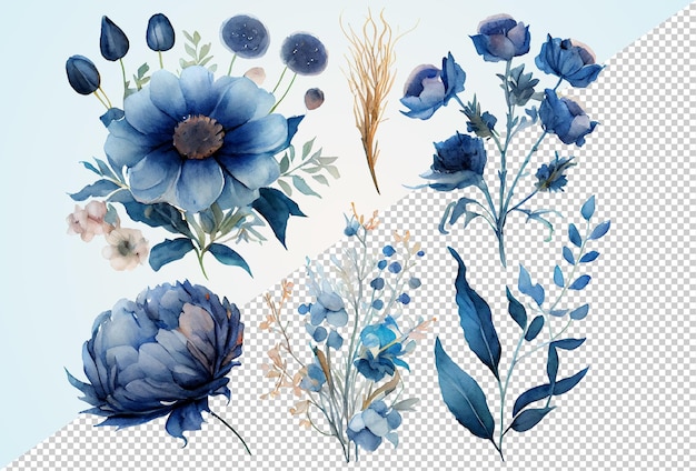 PSD watercolor blue floral arrangement collection isolated clip-art on transparent background