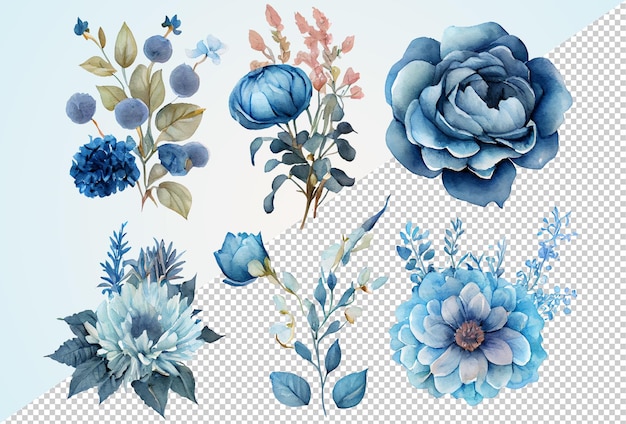 PSD watercolor blue floral arrangement collection isolated clip-art on transparent background