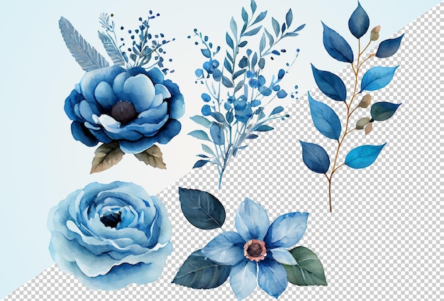 PSD watercolor blue floral arrangement collection isolated clip-art on transparent background