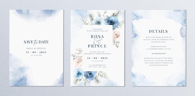 PSD watercolor blue wedding invitation card template with floral and leaves decoration