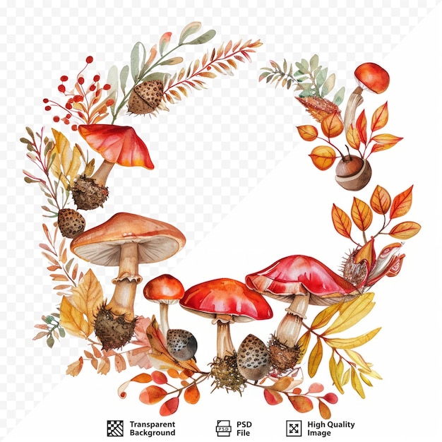 PSD watercolor bohemian autumn wreath of mushrooms images with floral elements acorns and autumn leaves isolated on white isolated background watercolor hand drawn boho image perfect graphic for di