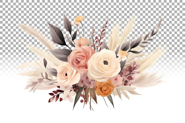 PSD watercolor boho floral bouquet with pampas grass palm leaves and roses pastel bohemian elements