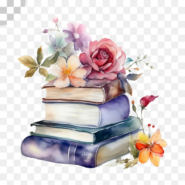위에 책과 꽃이 있는 수채화 책 그림 - 수채화 책 Png 다운로드