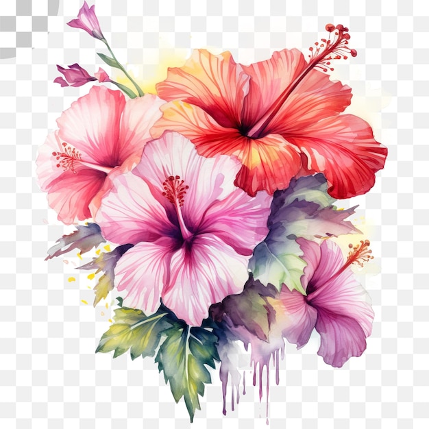 PSD 透明な背景のヒビスカスの花の水彩の花束