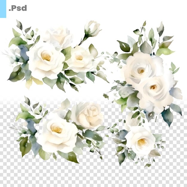 Watercolor bouquet of white roses with green leaves illustration psd template