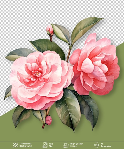 PSD watercolor camellia flowers isolated on transparent background