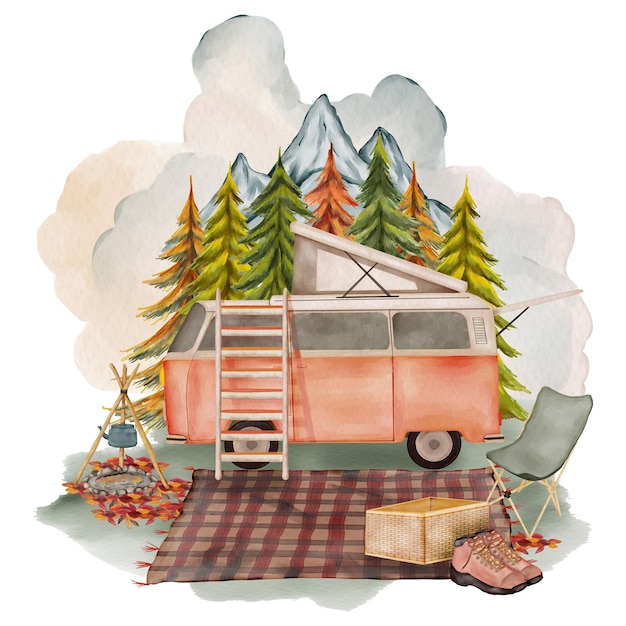 PSD watercolor camping picnic car