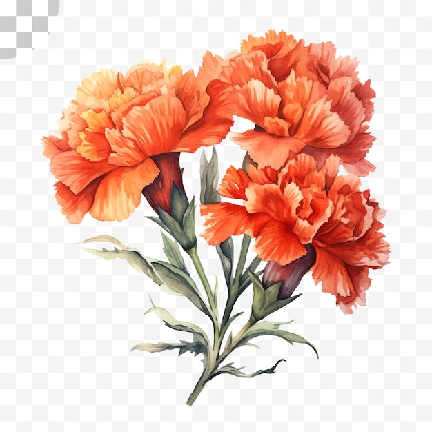 Watercolor carnations on transparent background