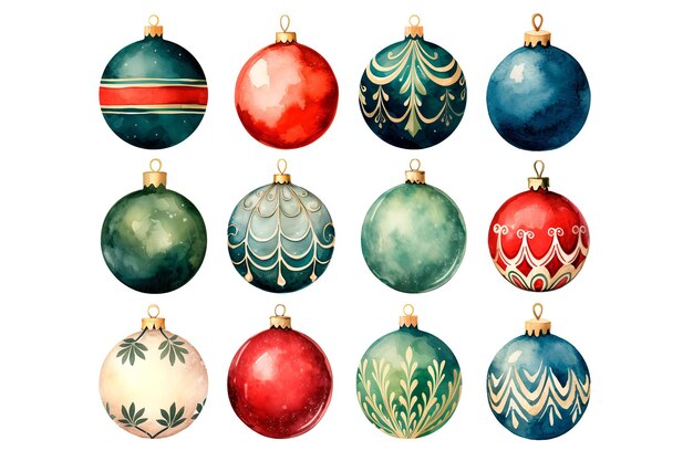 PSD watercolor christmas tree decorations bright balls for decoration