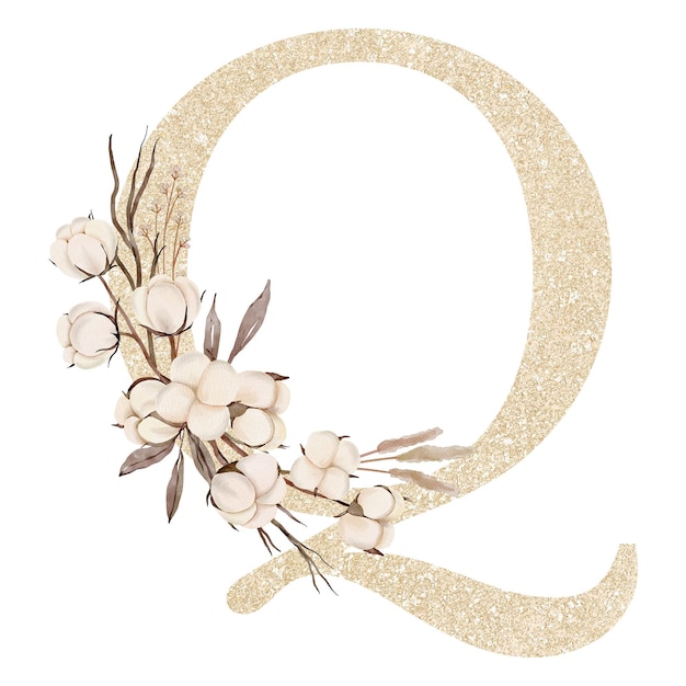 PSD watercolor cotton flower alphabet decoration q