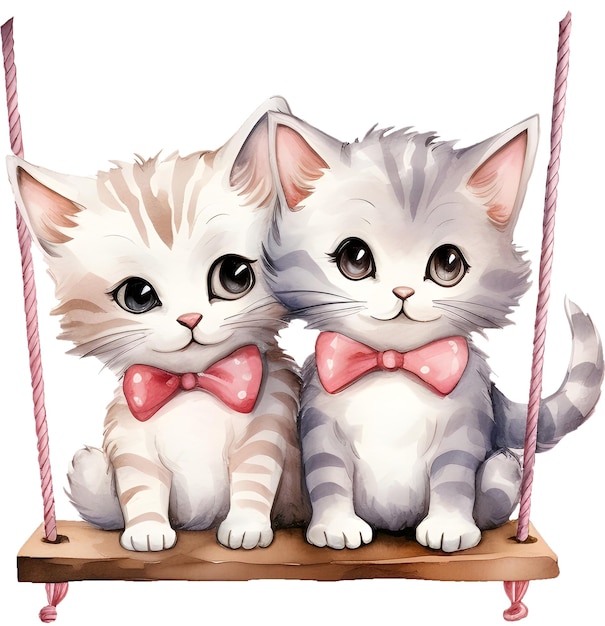 Watercolor cute 2 kitty wearing bows sit on a swing for animal valentine couple lover design concept