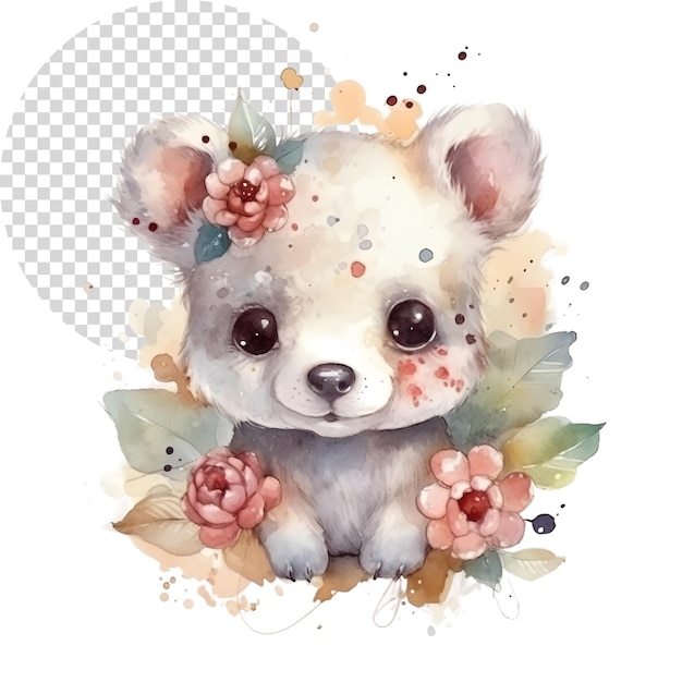 Watercolor cute clipart bear with flowers on transparent background