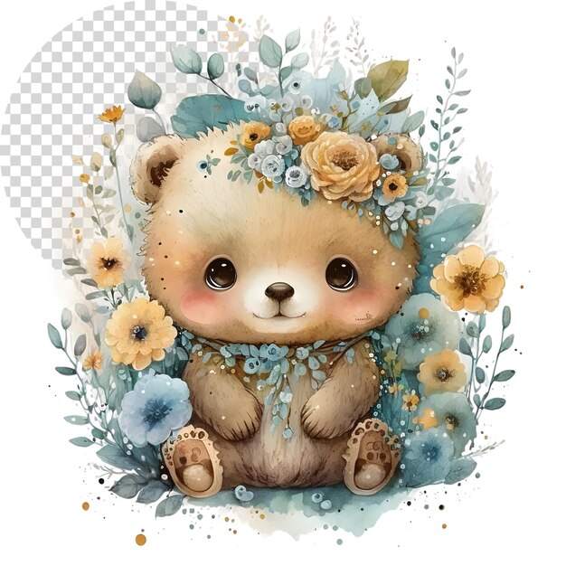 Watercolor cute clipart bear with flowers on transparent background