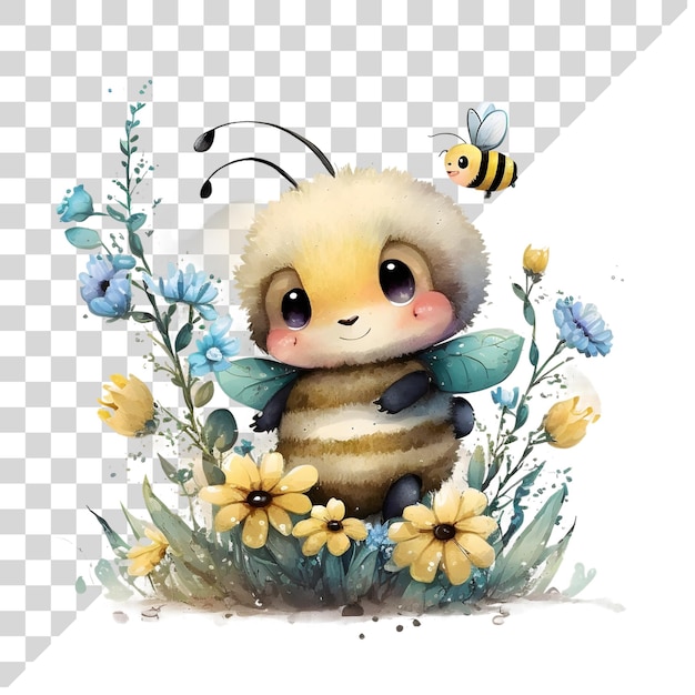 透明な背景に花が描かれた水彩の可愛いクリパートミツバチ