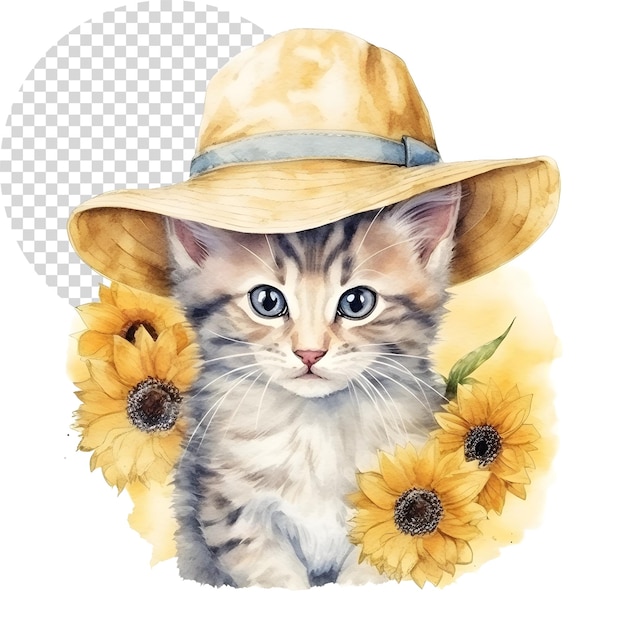 Acquerello gatto carino con cappello di girasole su sfondo trasparente