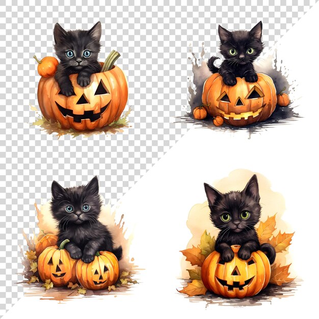 PSD acquerello carino clipart halloween gatto nero con collezione di zucche su sfondo trasparente