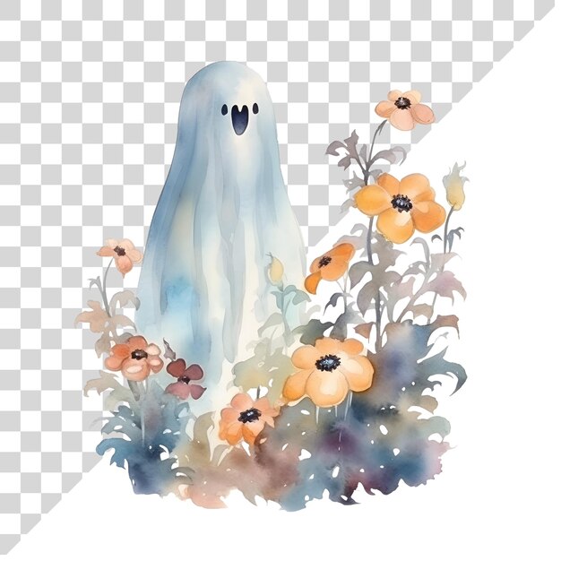 PSD 透明な背景に花が描かれたハロウィーン・ゴースト