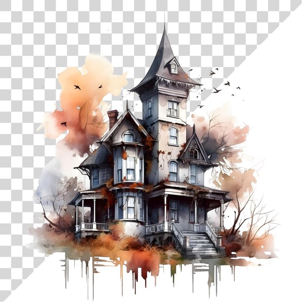 Watercolor cute clipart halloween haunted house on transparent background