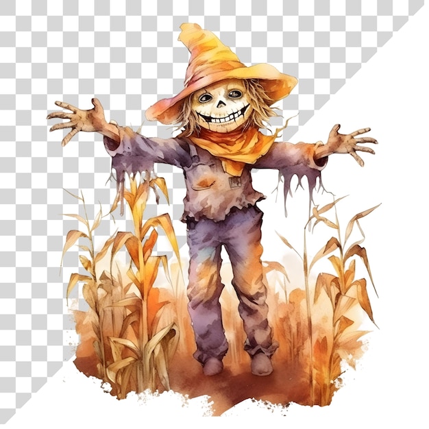 PSD watercolor cute clipart halloween scarecrow on transparent background