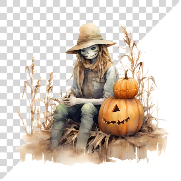 PSD watercolor cute clipart halloween scarecrow with pumpkin on transparent background