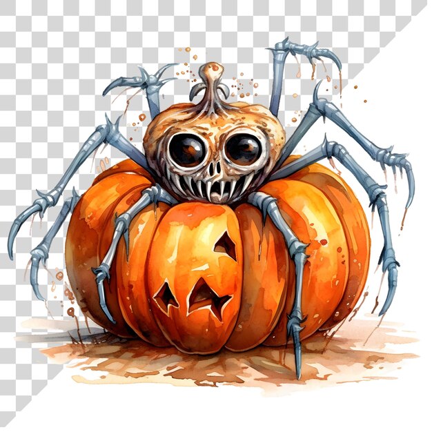 Watercolor cute clipart halloween spider with pumpkin on transparent background