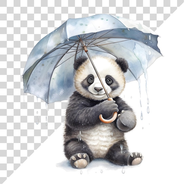 Акварель милая панда в плаще с зонтиком на прозрачном фоне