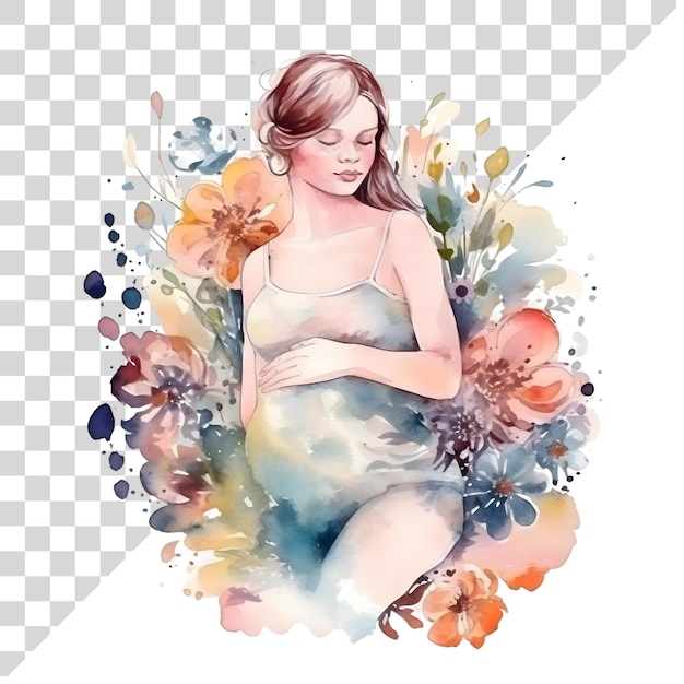 Watercolor cute clipart pregnant woman with flowers floral wreath on transparent background