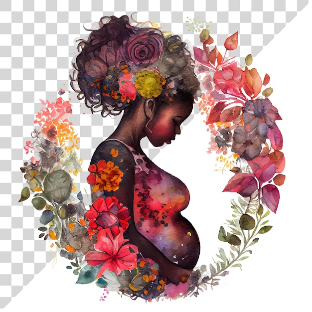 PSD watercolor cute clipart pregnant woman with flowers floral wreath on transparent background