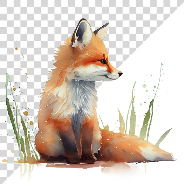 PSD watercolor cute clipart red fox on transparent background