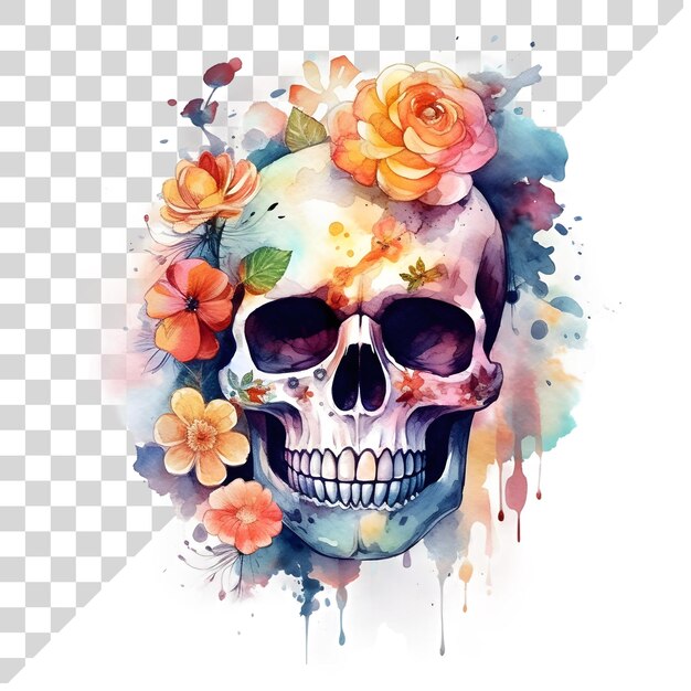 PSD watercolor cute clipart skull with floral ornament on transparent background