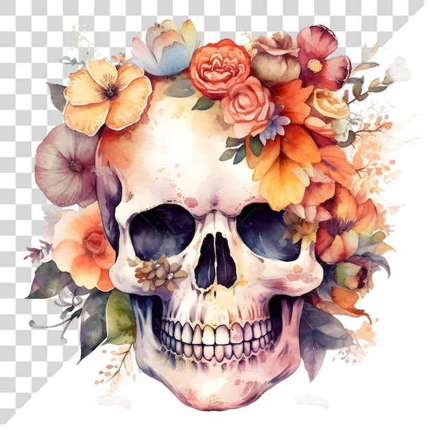 PSD watercolor cute clipart skull with floral ornament on transparent background
