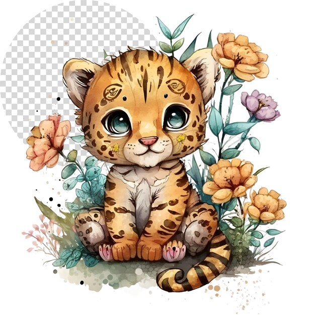 Watercolor cute clipart tiger with flowers on transparent background