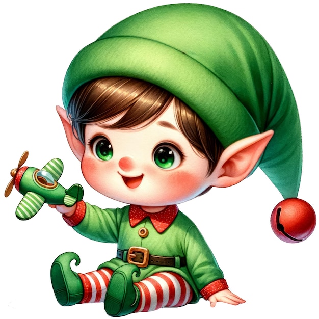 PSD watercolor cute elf boy playing a toy plane