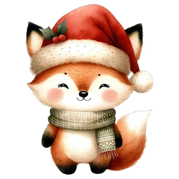 PSD watercolor cute fox with santa hat and scarf