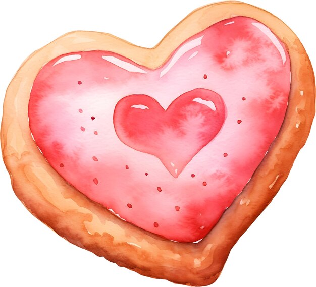 PSD watercolor cute little cookie with red jam in heart shape element for romantic love wedding birthday