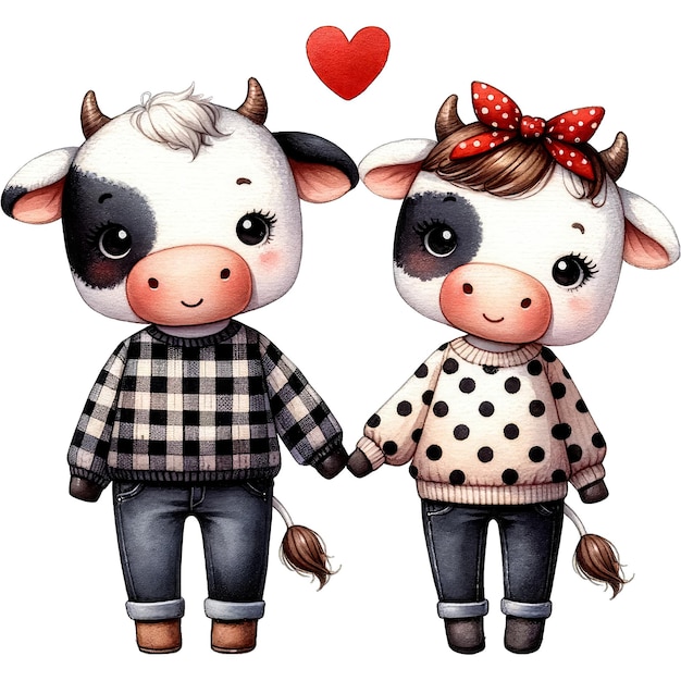 Watercolor Cute Lovely Couple Cow Clipart