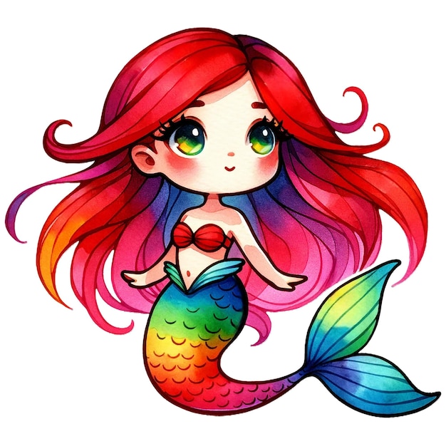 PSD 水彩 可愛い赤毛の虹の人魚