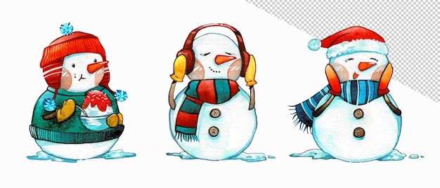 PSD watercolor cute snowman character merry christmas