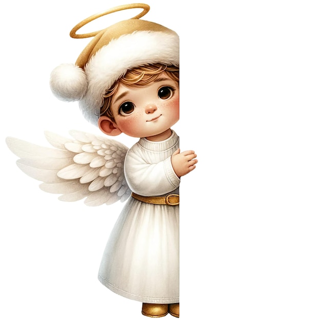 Watercolor cute white and gold peeking christmas boy angel