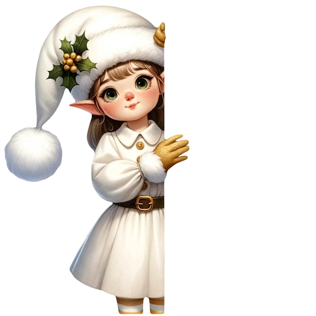 PSD watercolor cute white and gold peeking christmas girl elf