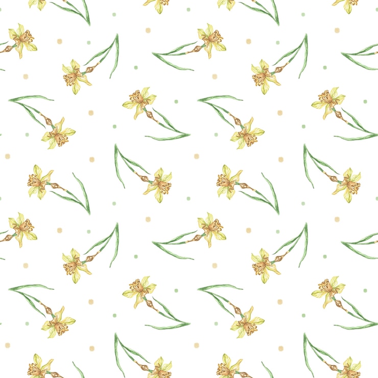 PSD watercolor daffodil pattern with green leaves